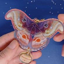 Load and play video in Gallery viewer, Space holographic Jupiter moth acrylic keyring