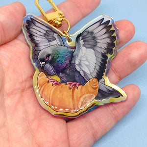 Croissant pigeon holographic acrylic keyring