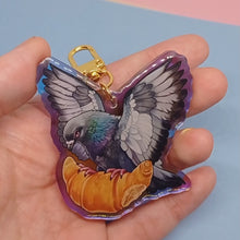 Load and play video in Gallery viewer, Croissant pigeon holographic acrylic keyring
