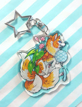 Load image into Gallery viewer, Three tailed fox: Lotus kitsune glitter acrylic keyring
