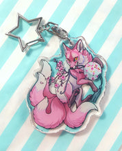 Load image into Gallery viewer, Four tailed fox: sakura kitsune glitter acrylic keyring
