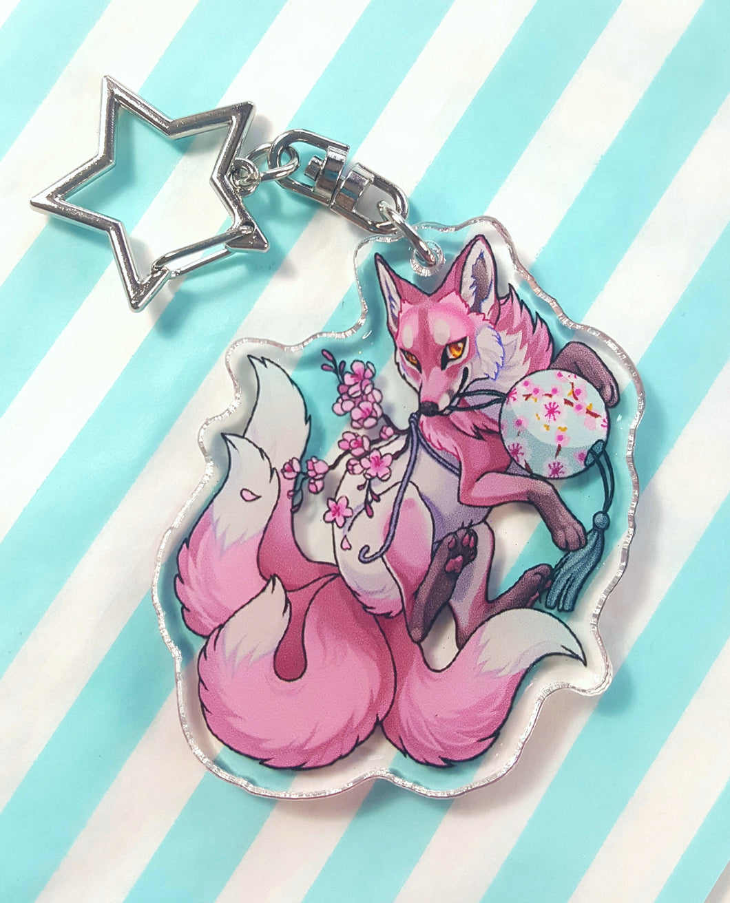 Four tailed fox: sakura kitsune glitter acrylic keyring