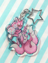 Load image into Gallery viewer, Four tailed fox: sakura kitsune glitter acrylic keyring
