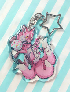 Four tailed fox: sakura kitsune glitter acrylic keyring