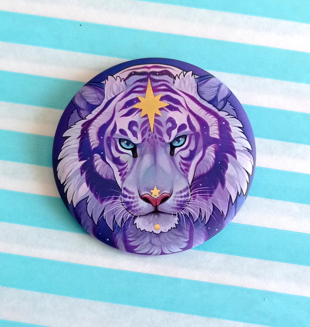 (WHITE) Gold Foiled Galaxy Tiger Large Pin Badge