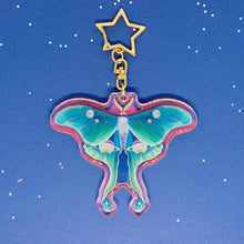 Load image into Gallery viewer, Space holographic luna moth acrylic keyring
