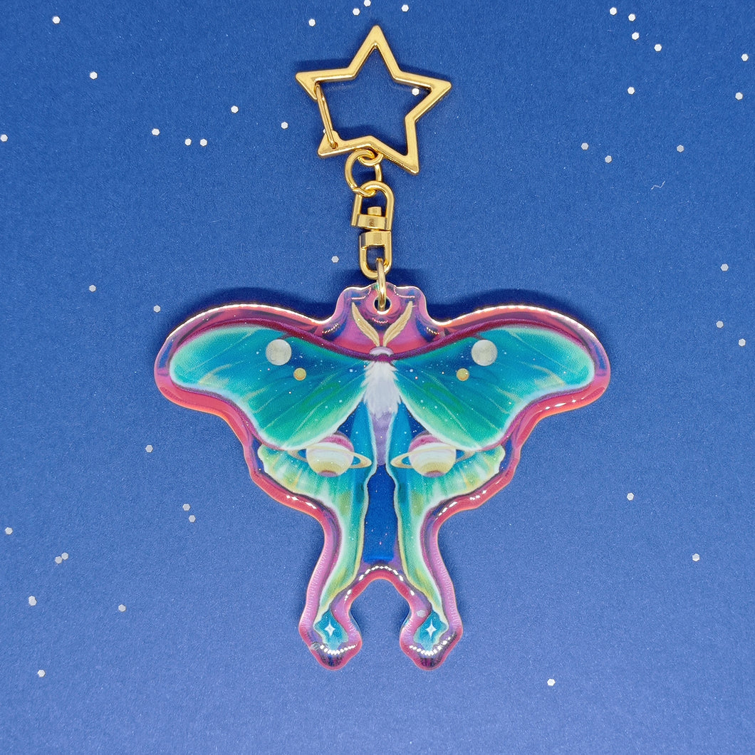 Space holographic luna moth acrylic keyring