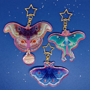 Space holographic star moth acrylic keyring