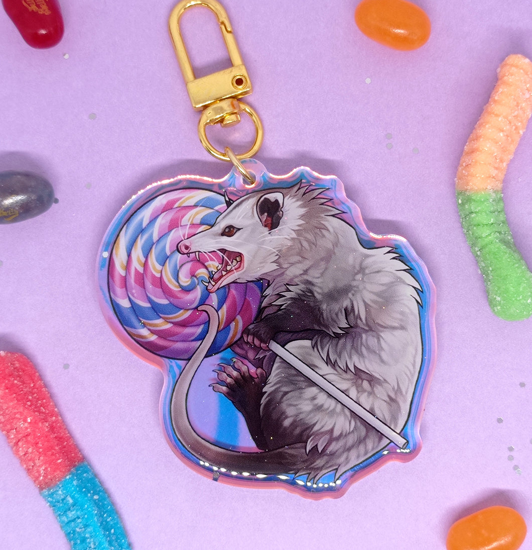 Lollipop Opossum holographic acrylic keyring