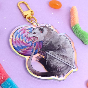 Lollipop Opossum holographic acrylic keyring