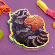 Load image into Gallery viewer, Pumpkin Raccoon holographic acrylic keyring
